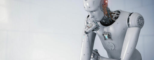 KI Digitalität soziale Frage - Roboter sitzt und denkt - Online-Studientag