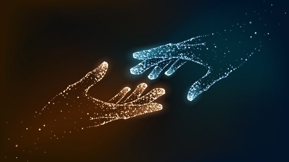 Zwei Hände aus Lichtpunkten (Symbolbild) - digitale Strategien