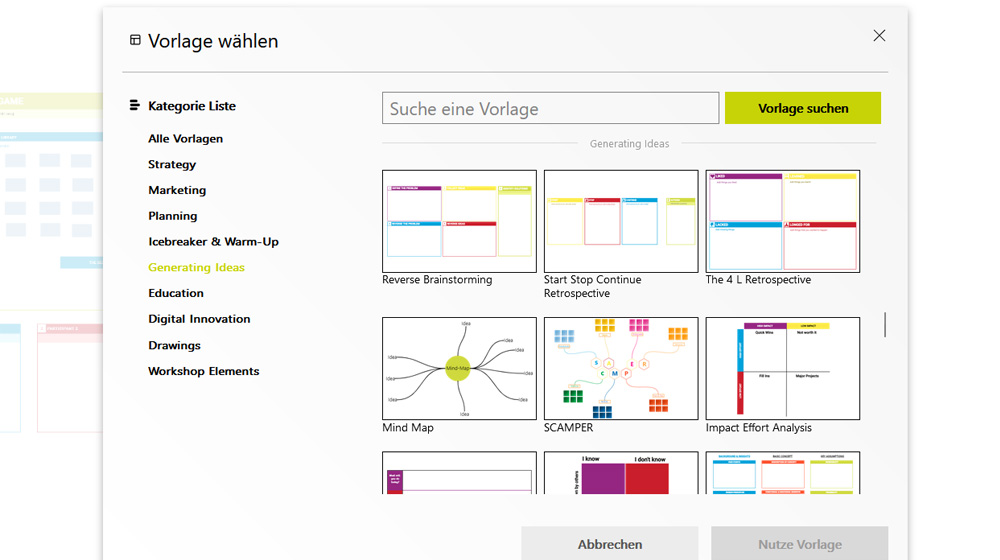 Der Screenshot des Tool Collaboards zeigt Vorlagen, wie für Reverse Brainstorming, Mindmap, SCAMPER