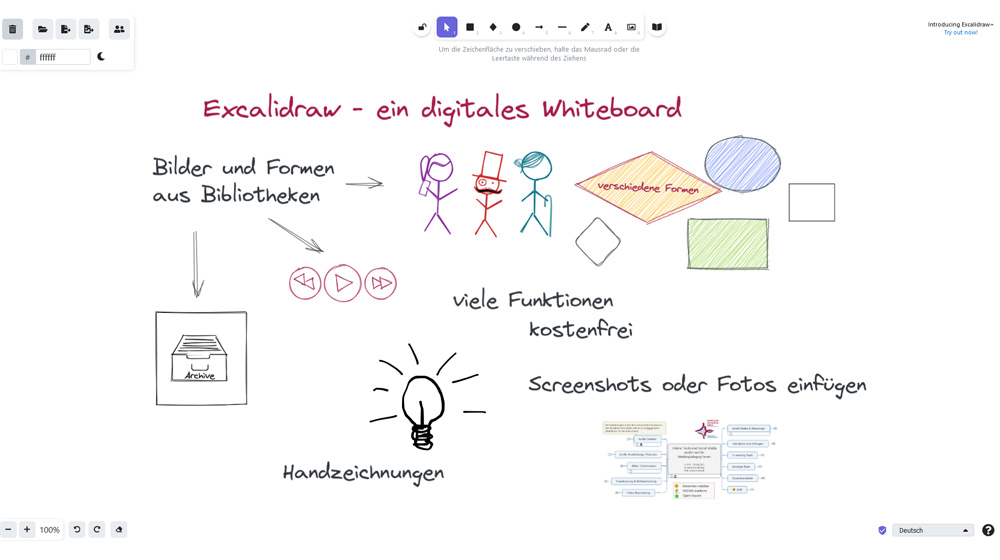 Excalidraw-Skizze als Beispiel; zu sehen sind bunte Formen, Symbole, Pfeile und Texte