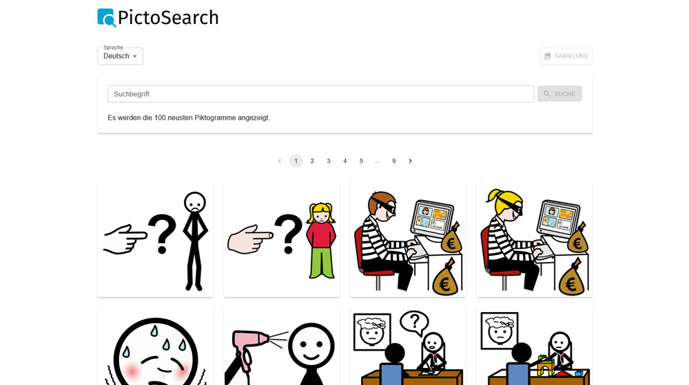 Screenshot der Seite PictoSearch; Datenbank für freie Piktogramme