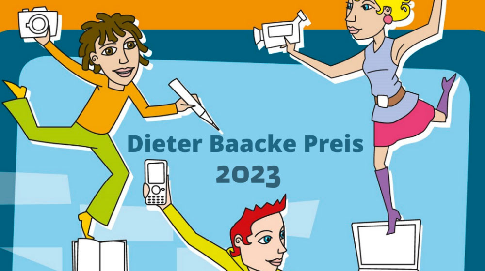gezeichnetes Bild mit drei Personen und Medien und dem Text "Dieter Baacke Preis 2023"