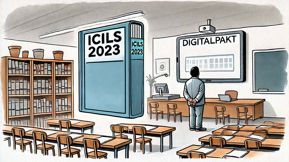 DigitalPakt 2.0: Ein Klassenzimmer mit Bücherregalen und leeren Schülerpulten. Links im Vordergrund steht ein großes, aufrecht stehendes Buch mit der Aufschrift „ICILS 2023“, das von hinten gezeigt wird. Im Hintergrund hängt eine digitale Tafel, auf der „DigitalPakt" geschrieben steht.